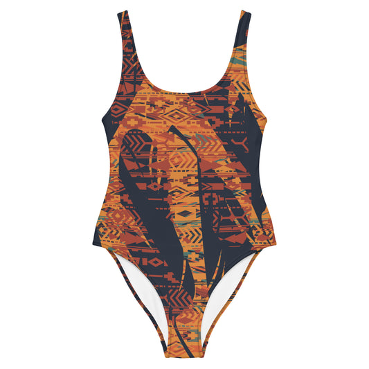 Orange and Indigo Leaf Print One Piece Swimsuit