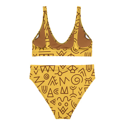 Gelber und brauner gemusterter Damen-Bikini aus Recyclingmaterial mit hoher Taille