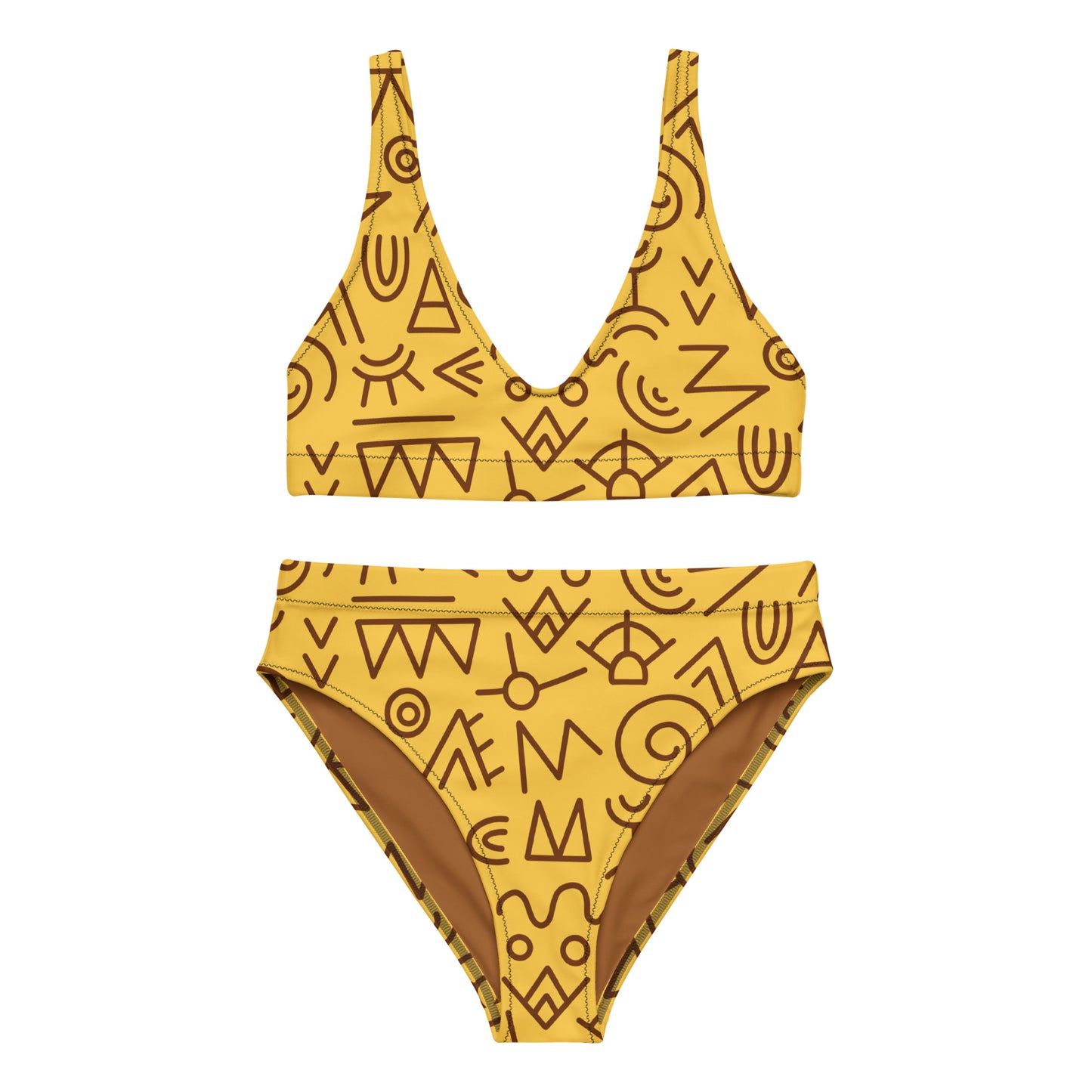 Bikini taille haute recyclé jaune et marron pour femme