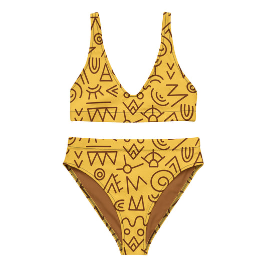 Bikini taille haute recyclé jaune et marron pour femme