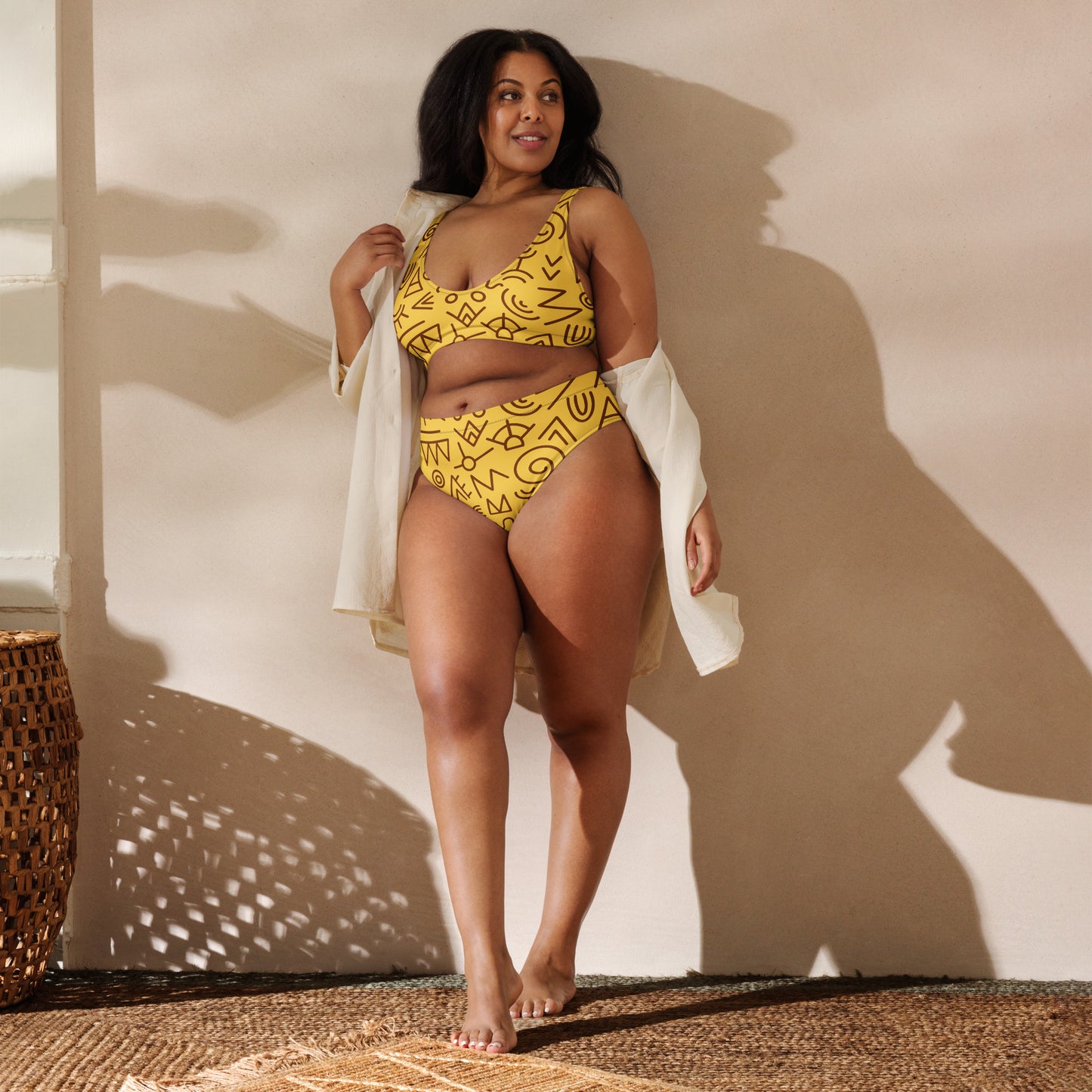 Bikini taille haute recyclé jaune et marron pour femme