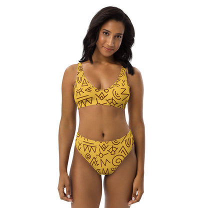 Bikini taille haute recyclé jaune et marron pour femme