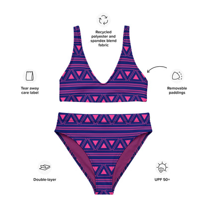 Lila Ethnic Tribal Recycling-Bikini mit hoher Taille für Damen