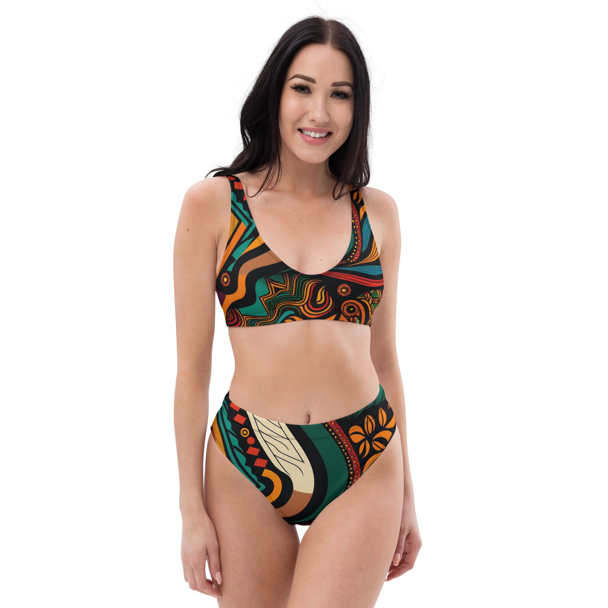 Green and Yellow Safari African Print High Waisted Recycled Two Piece Swimwear for Women