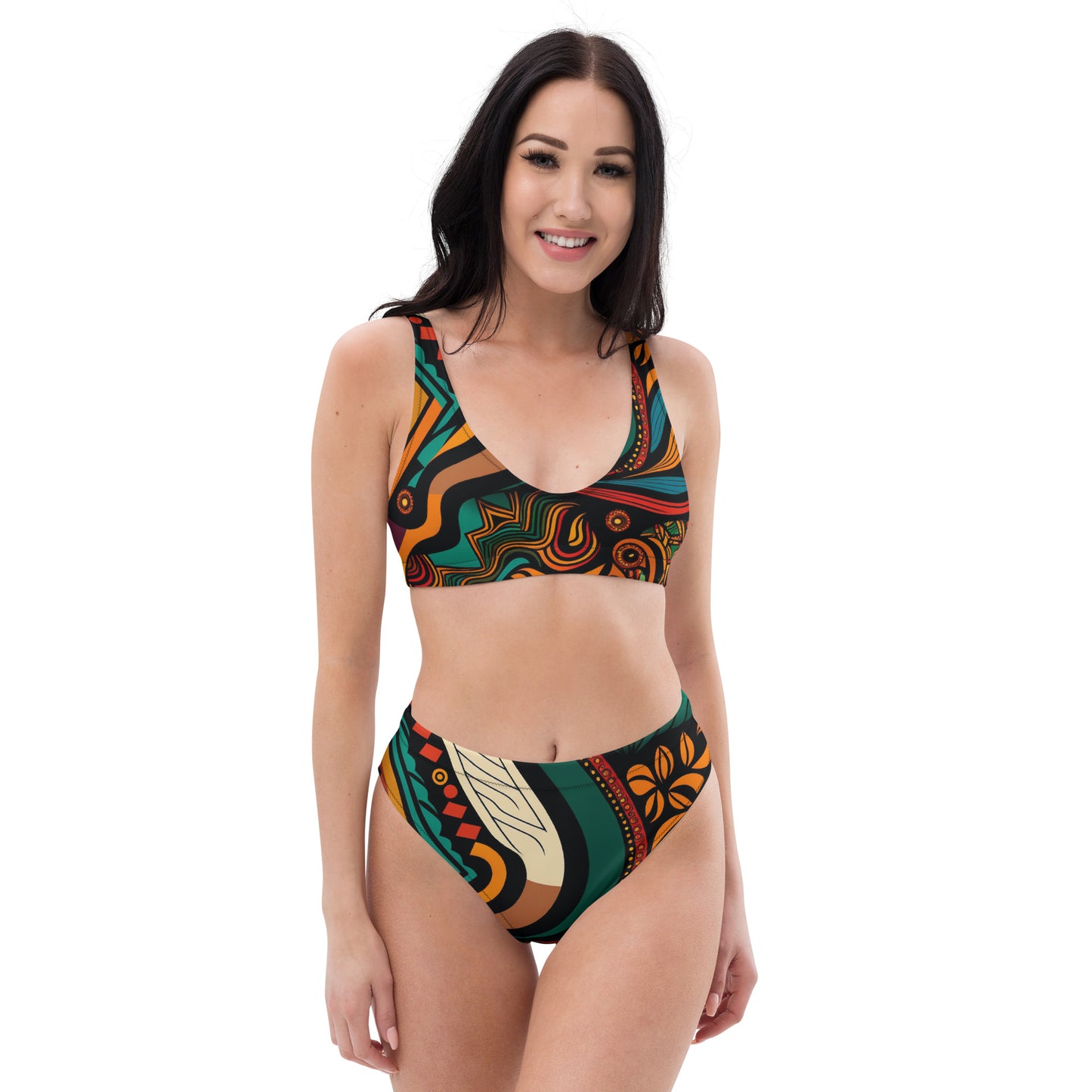 Maillot de Bain Deux Pièces Recyclé Taille Haute Imprimé Africain Safari Vert et Jaune pour Femme