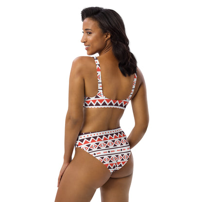 Recycelter Bikini mit hoher Taille in Braun und Orange für Damen